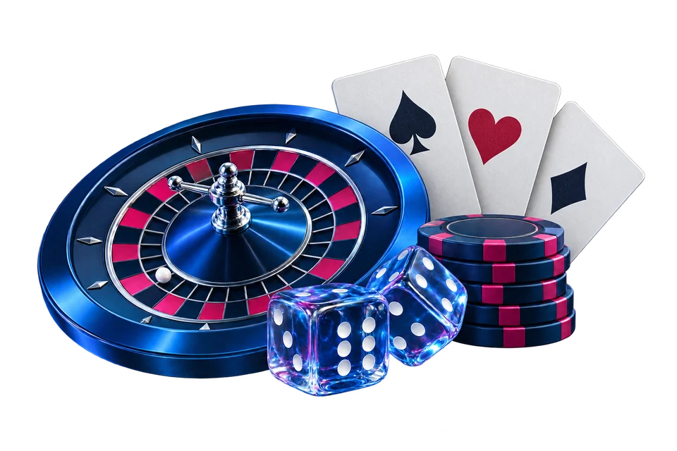 Modrá ruleta, hracie kocky, žetóny a karty